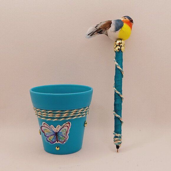 Blue Bird Pen Set with Small Turquoise Decorative Flowerpot Organizer - Picture 4 of 4